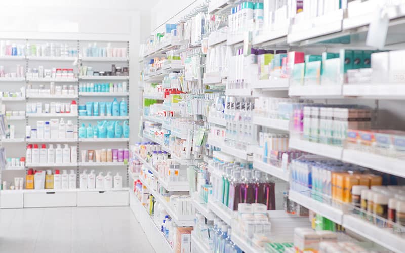 Pharmacy stocked with pharmaceutical medications & controlled substances